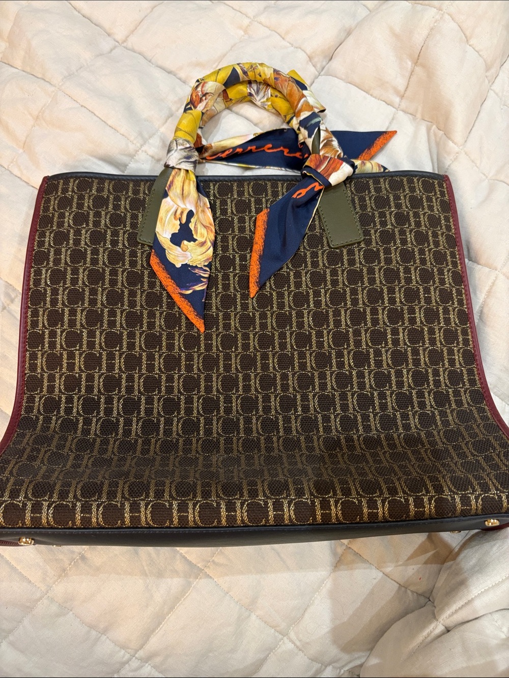 Carolina Herrera Brown Logo Tote with Multicolor Scarf Accent
